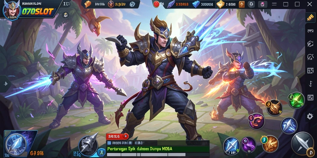 Screenshot utama 070SLOT menampilkan pertarungan karakter MOBA yang intens.