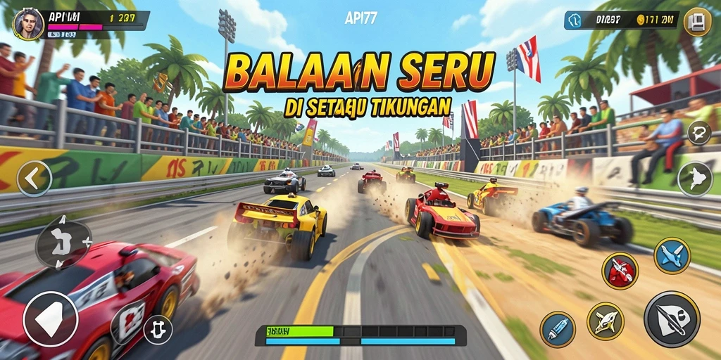 Tampilan menarik dari gameplay API77 dengan mobil balap yang bersaing di trek.