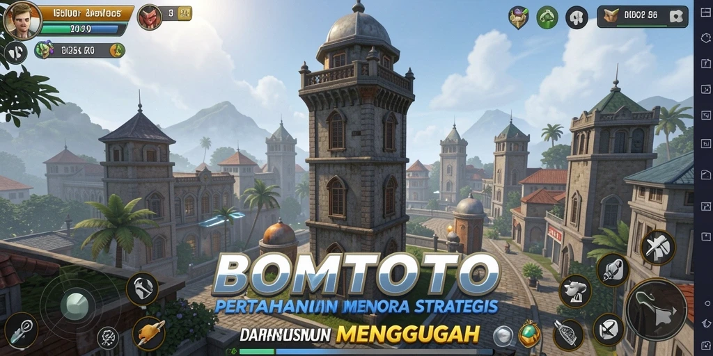 Screenshot gameplay BOMTOTO yang menampilkan menara pertahanan dan musuh menyerang.