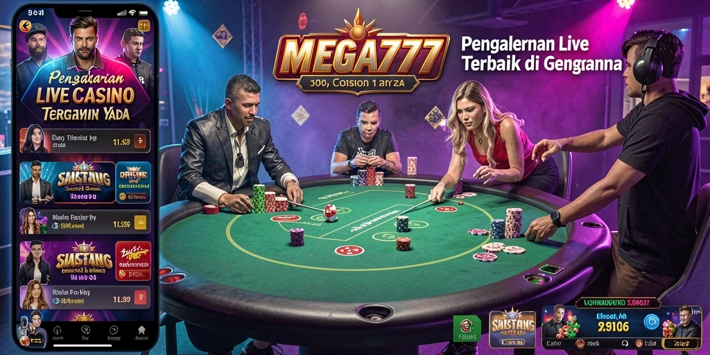 Screenshot gameplay MEGA777 menampilkan dealer langsung yang ramah dan permainan yang mendebarkan.