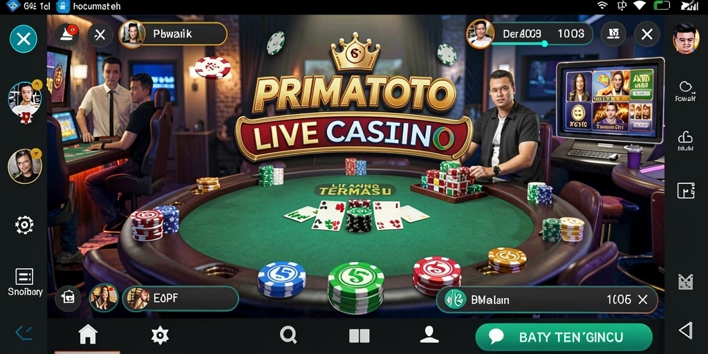 Screenshot gameplay Live Casino PRIMATOTO dengan dealer langsung dan meja permainan.