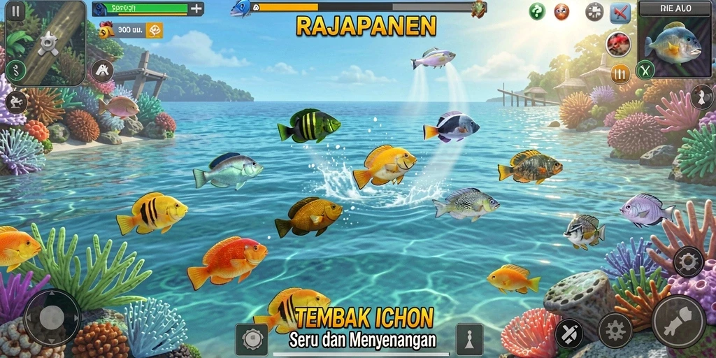 Screenshot gameplay RAJAPANEN menampilkan keseruan menangkap ikan.