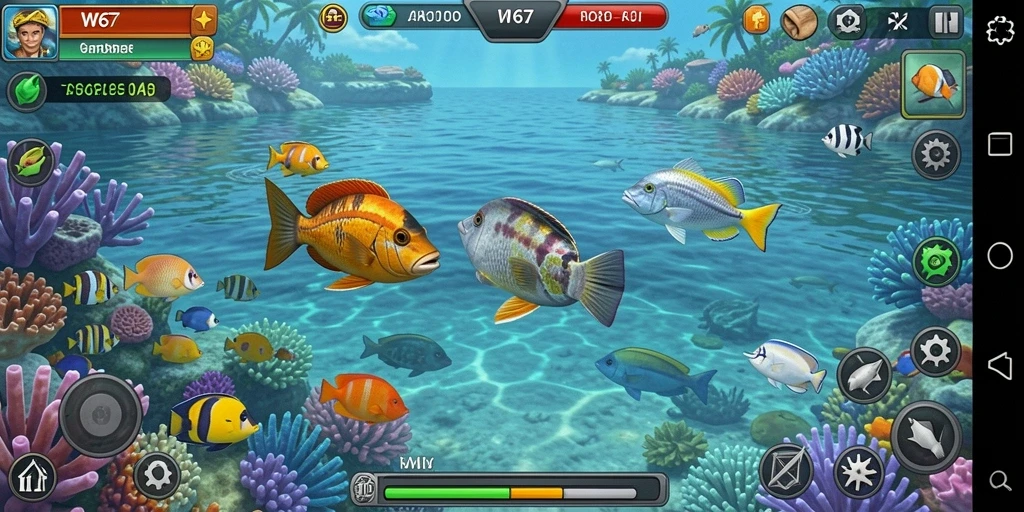 Screenshot gameplay W67 menampilkan aksi seru menembak ikan.